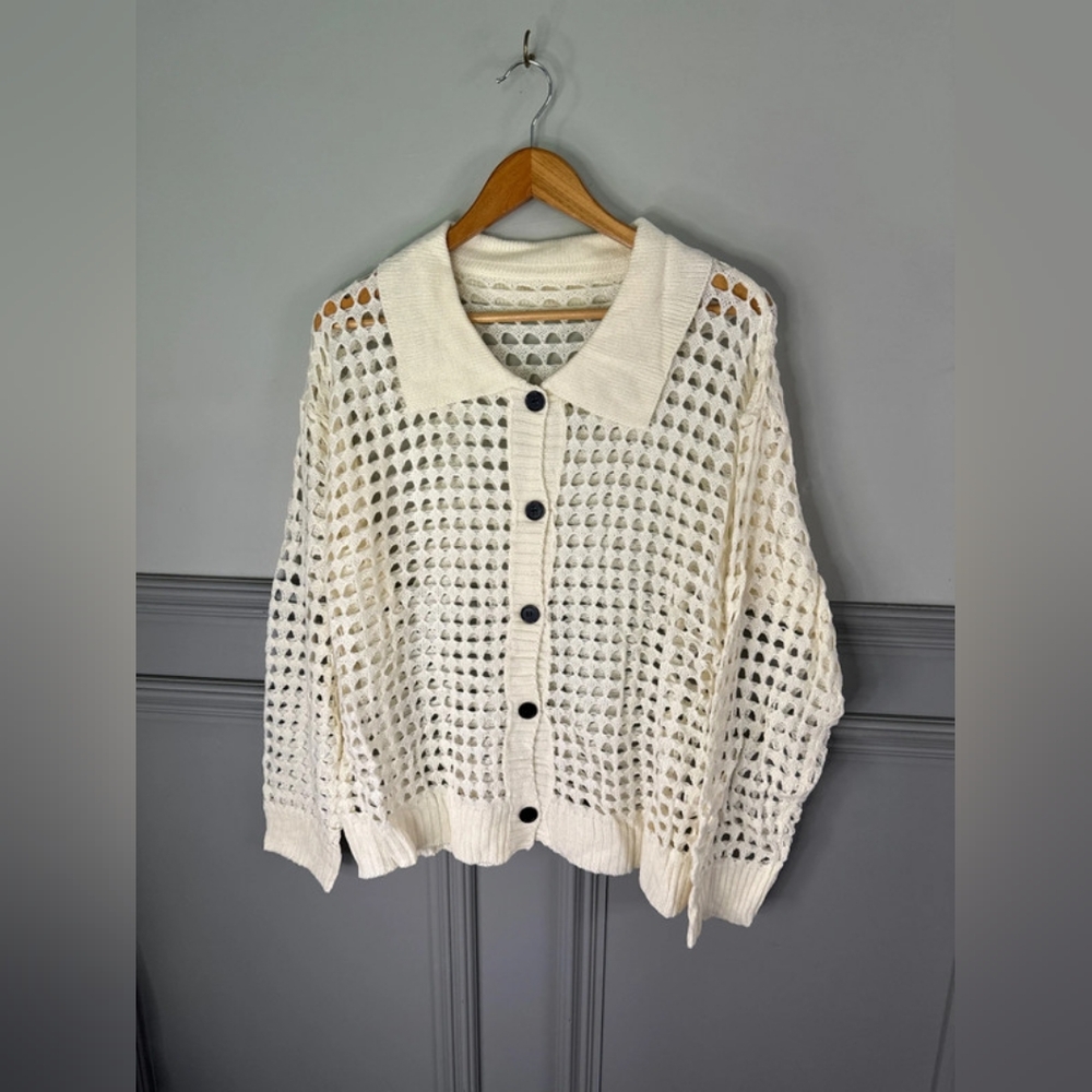 knit collared button cream cardigan